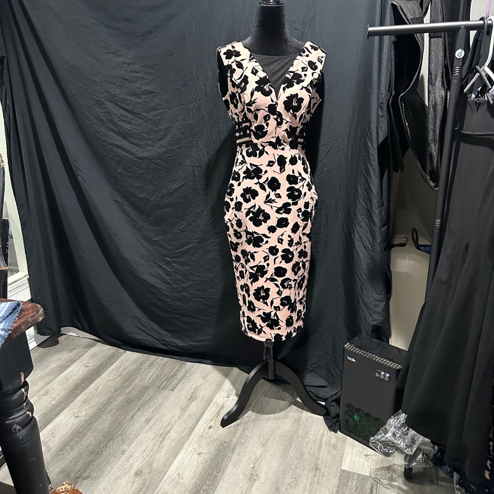 Enfocus Studio Black velvet and Pink Floral Dress
